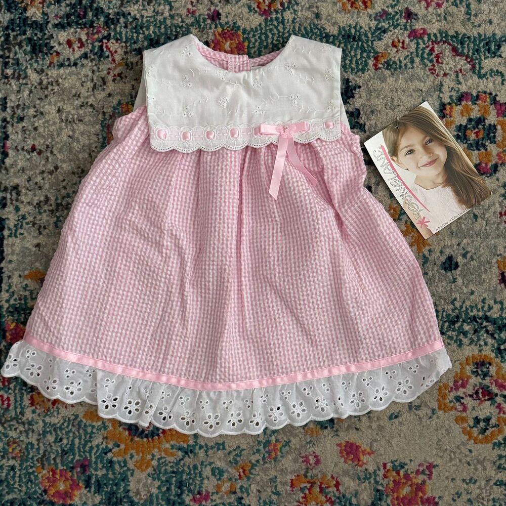 NEW Vintage 90s Younglad Pink Gingham Eyelet Dress Infant Size 18 M